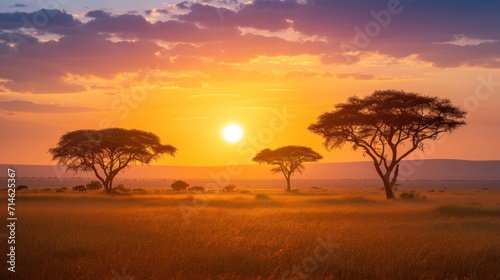  the sun is setting over the plains with trees in the foreground and a field of grass in the foreground, with a few giraffes in the foreground.
