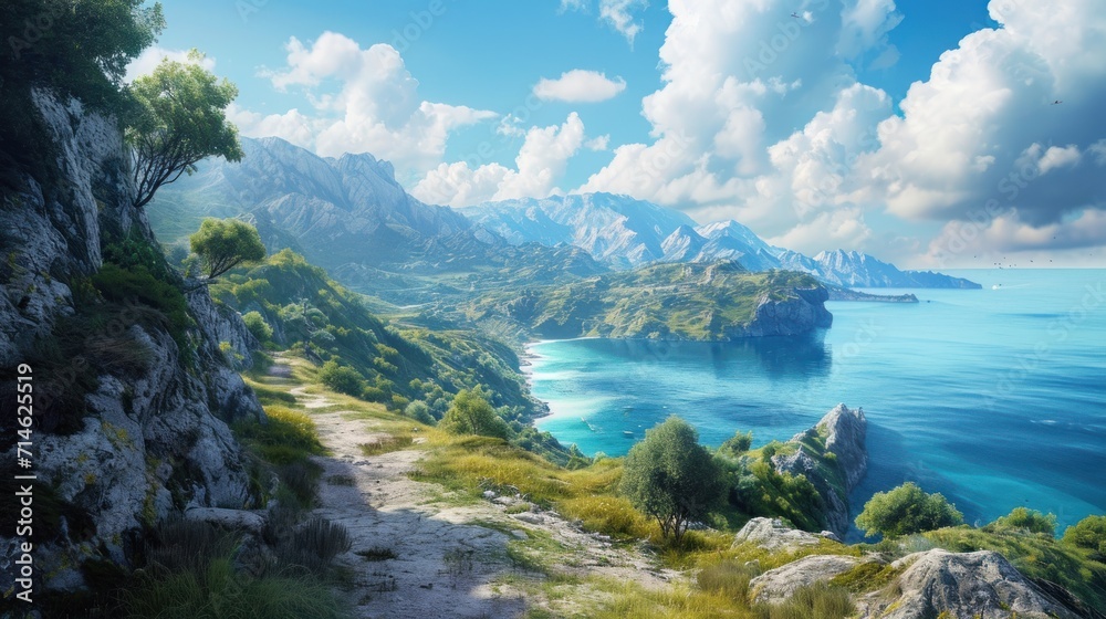 a painting of a scenic view of a body of water with mountains in the background and a path leading up to the water's edge that leads to the shore. a painting of a scenic view of a body of water with mountains in the background and a path leading up to the water's edge that leads to the shore.