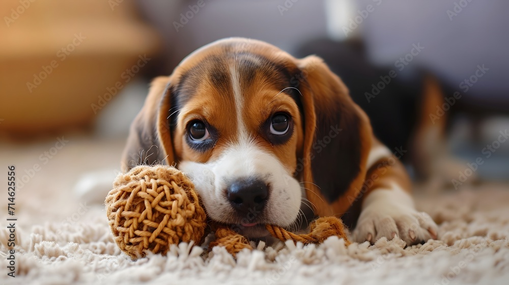 beagle dog portrait, adorable Beagle puppy playing with a chew toy, displaying its playful and energetic nature