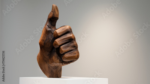 Sculpture of the Hand made of wood shows a thumb up. The hand shows like in the museum. Modern art object
 photo