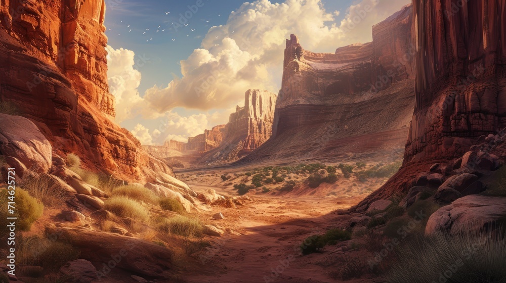  an artist's rendering of a desert landscape with mountains, rocks, and a river running through the middle of the desert, with a bird flying in the sky. - obrazy, fototapety, plakaty 