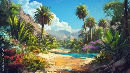  a painting of a tropical scene with palm trees and a blue pool in the middle of a dirt path surrounded by greenery and a mountain range in the background.