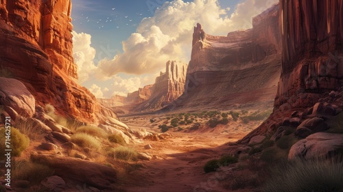 Fotografia an artist's rendering of a desert landscape with mountains, rocks, and a river running through the middle of the desert, with a bird flying in the sky