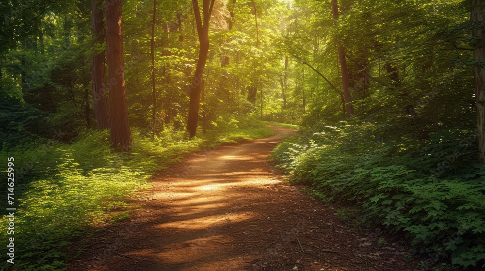 Fototapeta premium a dirt road in the middle of a forest with lots of trees and bushes on both sides of the dirt road and the sun shining through the trees on the other side of the path.