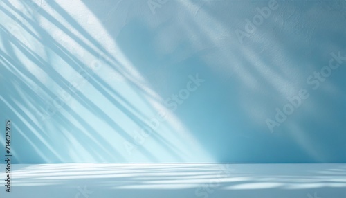 minimalistic abstract gentle light blue background for product presentation with sunny light and intricate shadow on wall