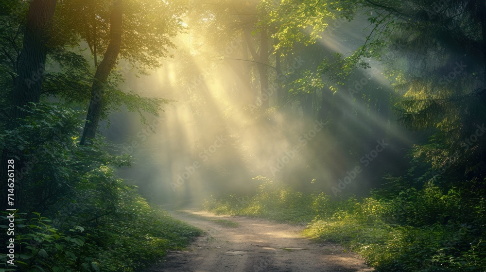 Obraz premium a dirt road in the middle of a forest with sunbeams shining through the trees on the other side of the road is a dirt road in the foreground.