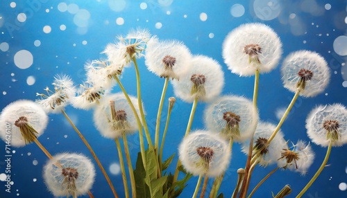 white dandelions on blue background