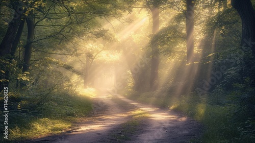  a dirt road in the middle of a forest with sunbeams shining through the trees on either side of the road is a bench with a bench on the other side of the road. © Olga