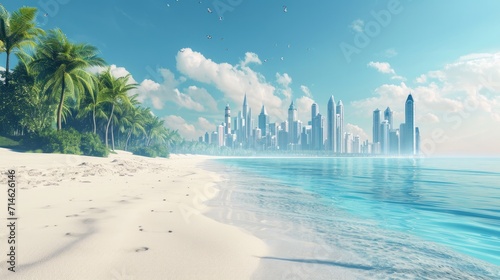 3d illustration of Dubai beach isolated. beach mock up. urban skyline on background, travel ads