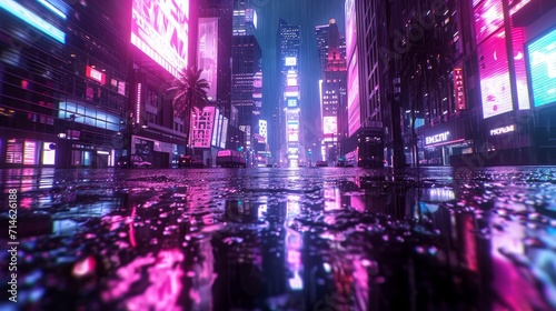3D Rendering of neon mega city with light reflection from puddles on street heading toward buildings. Concept for night life  business district center  CBD Cyber punk theme  tech background