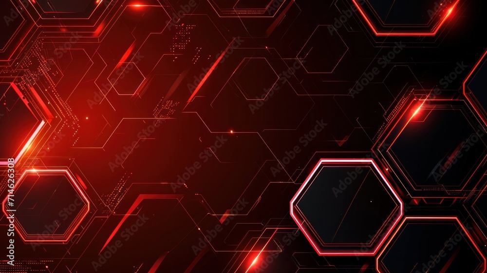 Abstract dark hexagon pattern on red neon background technology style. Modern futuristic geometric shape web banner design. You can use for cover template, poster, flyer, print ad. Vector illustration - obrazy, fototapety, plakaty 