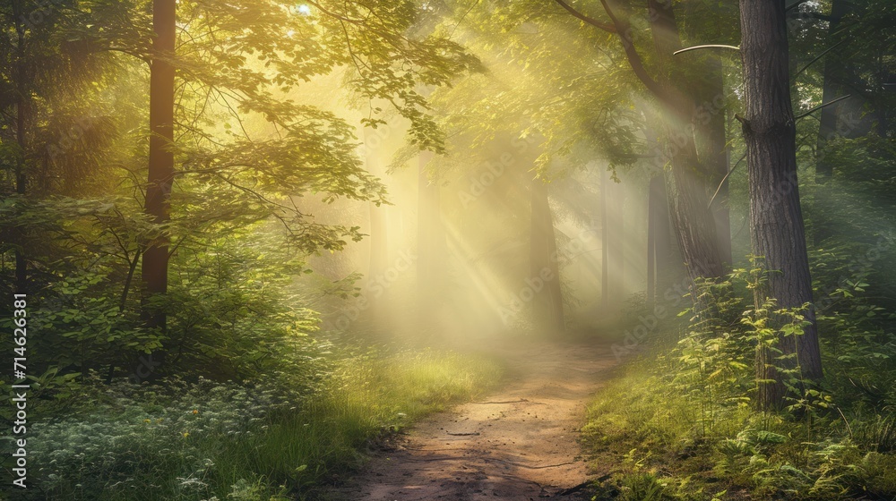 Obraz premium a path in the middle of a forest with sunbeams coming through the trees and a trail in the middle of the forest with sunbeams coming through the trees.