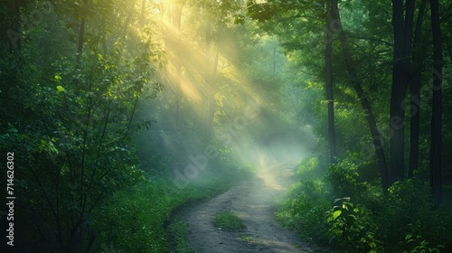  a dirt road in the middle of a forest with sunbeams shining through the trees on either side of the road is a dirt path that runs through the woods.