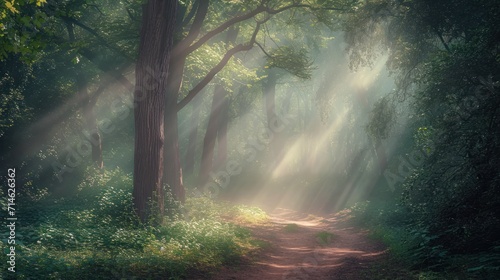  a dirt path in the middle of a forest with sunbeams shining through the trees on the other side of the path is a dirt path that runs through the woods.