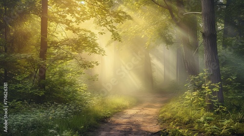  a path in the middle of a forest with sunbeams coming through the trees and a trail in the middle of the forest with sunbeams coming through the trees. © Olga