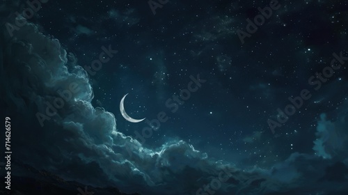  a painting of a night sky with a half moon in the foreground and a few clouds in the foreground, and a few stars in the sky above.