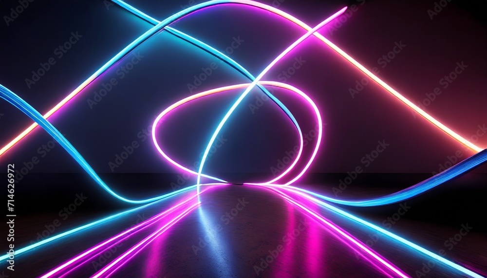 3d render abstract neon background fluorescent ines glowing in the dark room with floor reflection virtual dynamic ribbon fantastic panoramic wallpaper energy concept