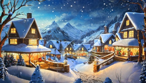 christmas night in village snow man ice mountain snow houses concept art scenery character design concept art book illustration video game digital painting cg artwork background  © Heaven