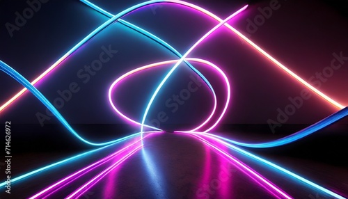 3d render abstract neon background fluorescent ines glowing in the dark room with floor reflection virtual dynamic ribbon fantastic panoramic wallpaper energy concept