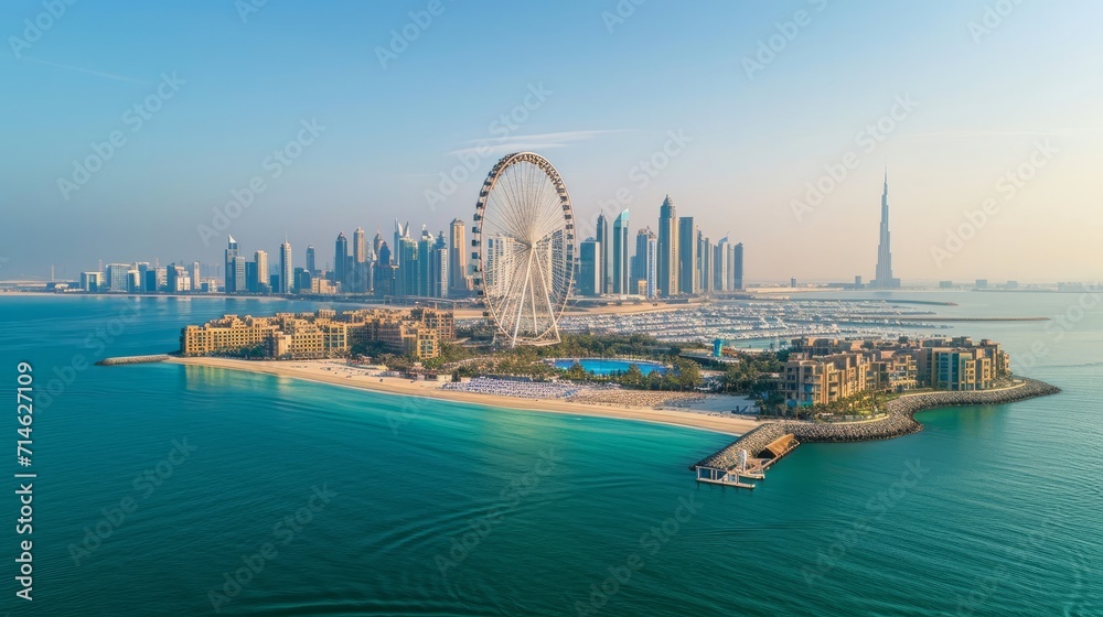 Bluewaters island and Ain Dubai ferris wheel on in Dubai, United Arab Emirates with JBR beach and Dubai marina aerial skyline cityscape view