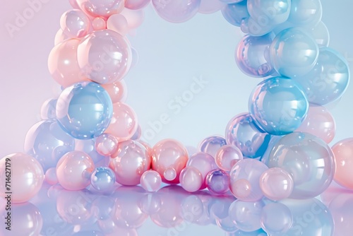 Frame made of colorful glossy bubbles on a dreamy pastel background