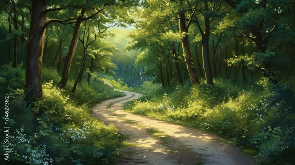 Fototapeta premium a painting of a dirt road in the middle of a forest with lots of trees and bushes on both sides of the road is a sunlit path through the trees.