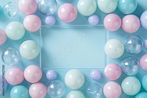 Crystal transparent frame with colorful glossy bubbles on dreamy pastel background © DK_2020