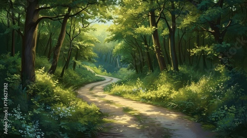  a painting of a dirt road in the middle of a forest with lots of trees and bushes on both sides of the road is a sunlit path through the trees.