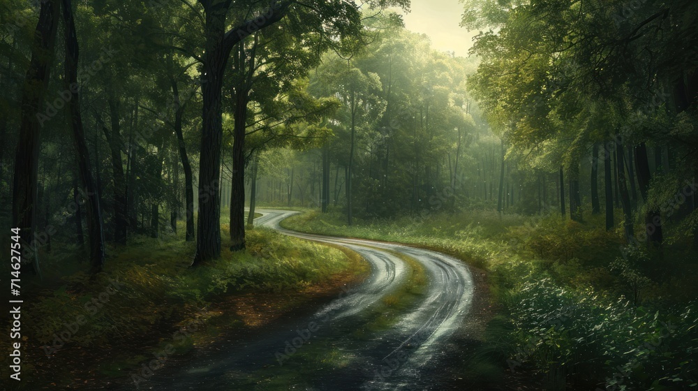  a painting of a road in the middle of a forest with trees and grass on both sides of the road and a winding road in the middle of the woods.
