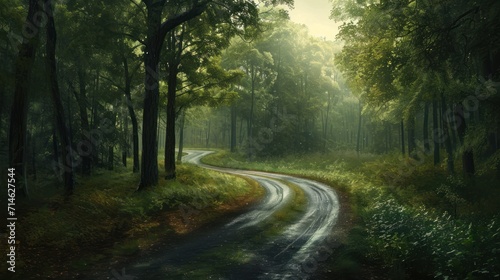  a painting of a road in the middle of a forest with trees and grass on both sides of the road and a winding road in the middle of the woods.