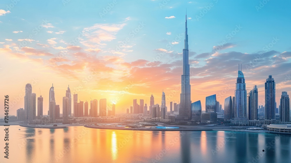 Dubai city center - amazing city skyline with luxury skyscrapers at sunrise, United Arab Emirates Dubai city center - amazing city skyline with luxury skyscrapers at sunrise, United Arab Emirates