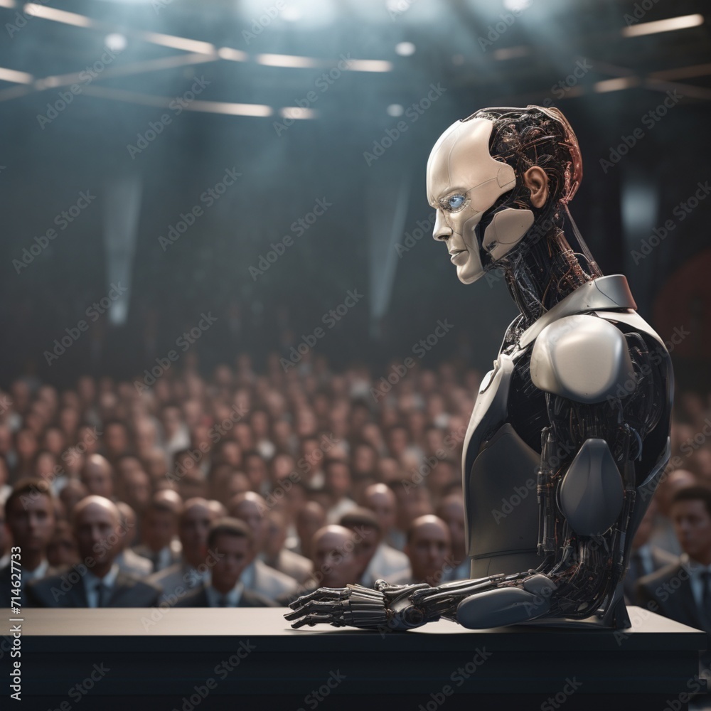 A robot with a human head talking in the best picture of a conference Ai generated art A robot with a human head talking in the best picture of a conference Ai generated art