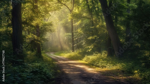  a dirt road in the middle of a forest with sunbeams shining through the trees on the other side of the road is a dirt path that runs through the woods. photo