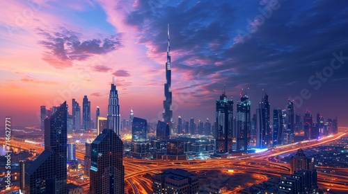 Dubai city center - amazing city skyline with luxury skyscrapers at sunrise, United Arab Emirates photo