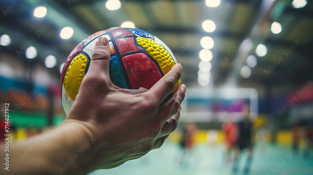 a handball match, with the focus on a handball player's hand securely ...