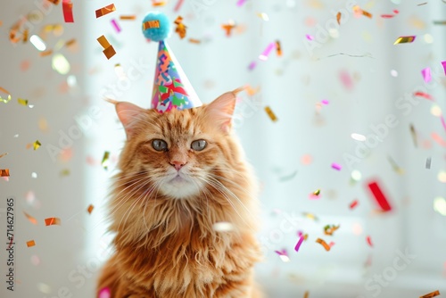 Happy cute red American Longhair Maine Coon cat in party hat celebrating birthday surrounded by falling confetti, bright background © DK_2020