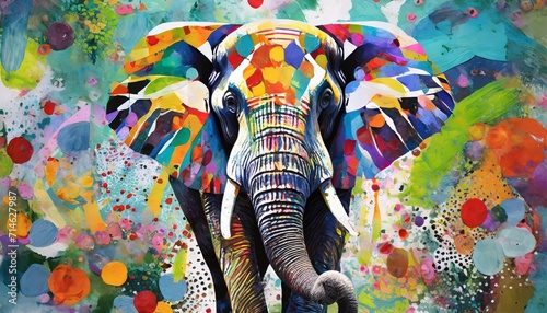 colorful painting of a elephant with creative abstract elements as background #714627987