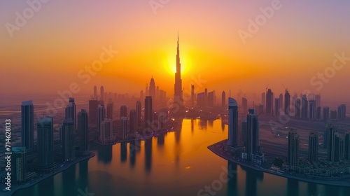Dubai city in sunrise aerial view