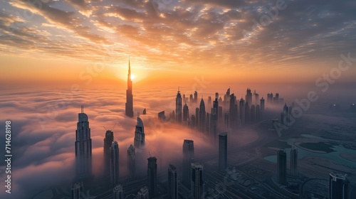 Dubai city in sunrise aerial view photo