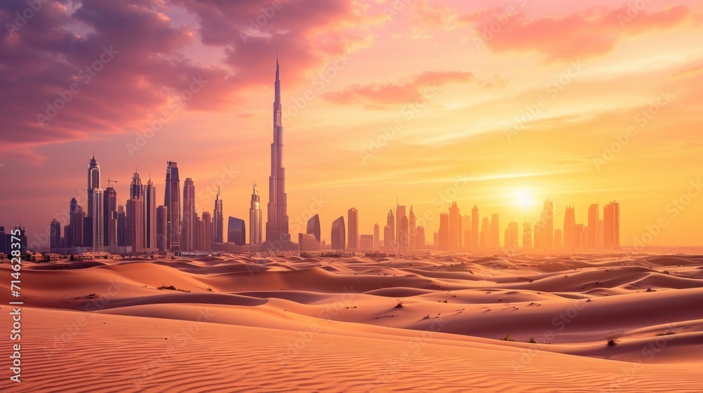 Fototapeta premium Dubai skyline in the desert at sunset. United Arab Emirates