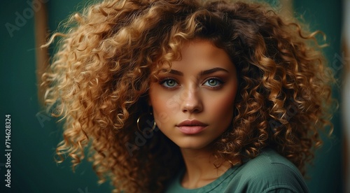portrait of a fashion woman, curly hairs of a woman, portrait of a pretty young fashion model, pretty fashion girl in studio, curly haired woman photo