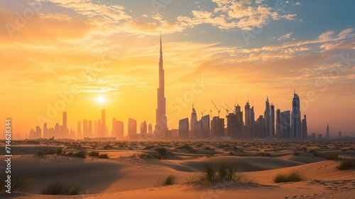 Dubai skyline in the desert at sunset. United Arab Emirates
