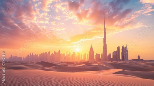 Dubai skyline in the desert at sunset. United Arab Emirates