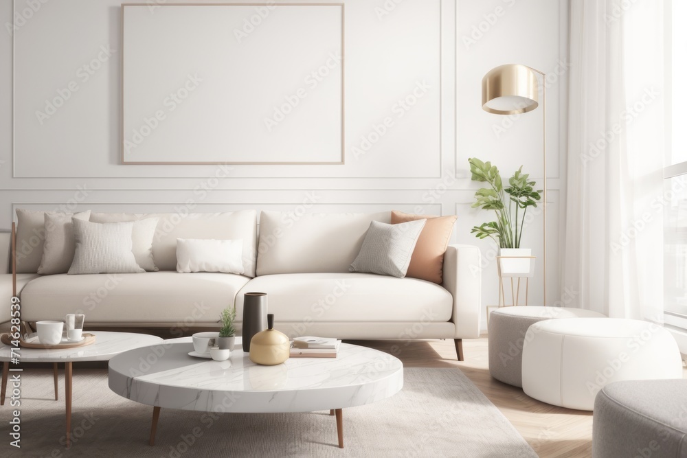 Interior home design of modern living room with white sofa and furniture with empty poster frame mockup Interior home design of modern living room with white sofa and furniture with empty poster frame mockup