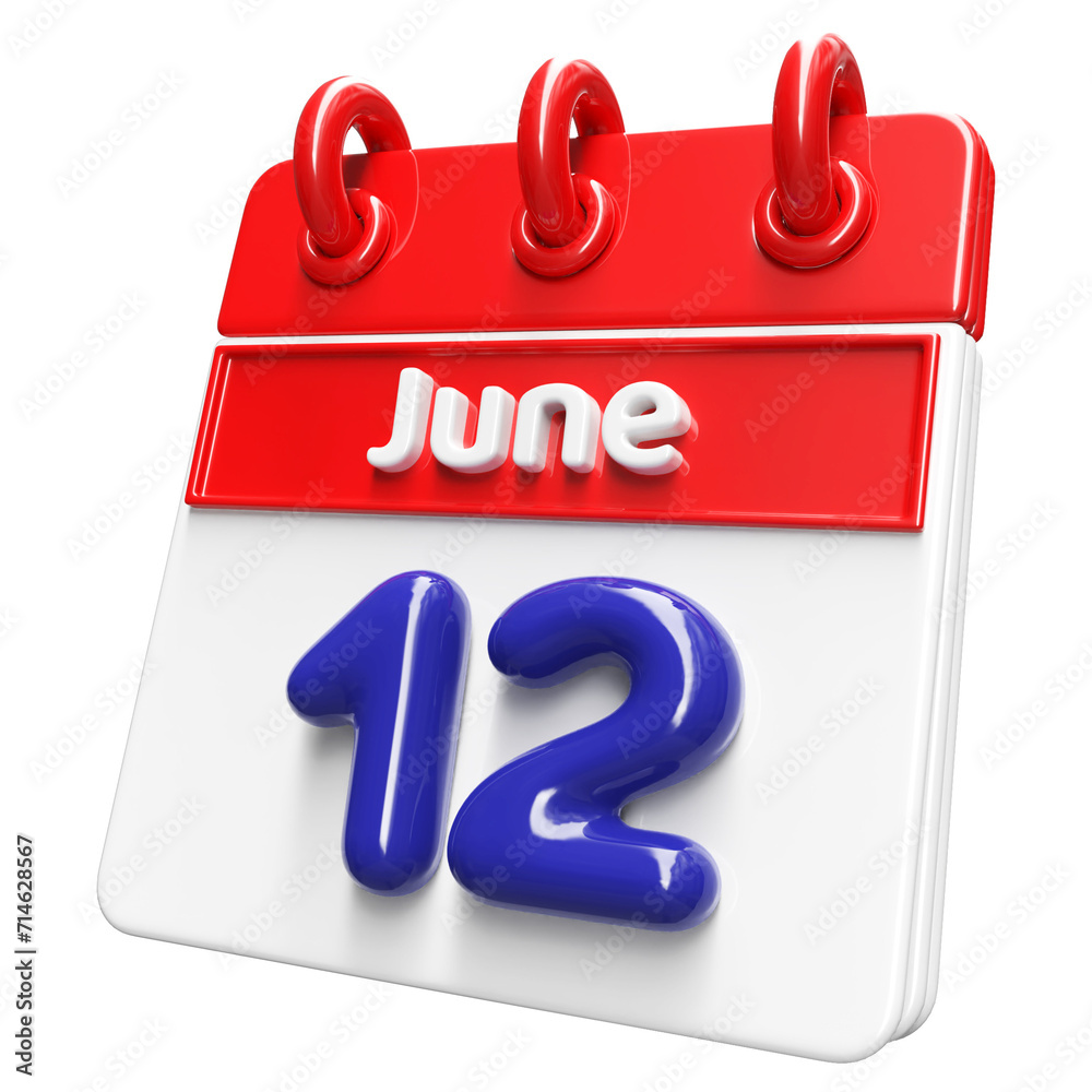 12nd June Calendar Icon 3D Render , Calendar Icon 3D Illustration 12nd June Calendar Icon 3D Render , Calendar Icon 3D Illustration