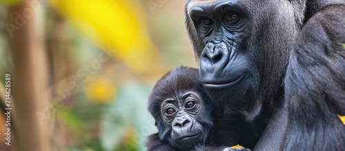 a mother gorilla with her adorable baby in a close-up view © 2rogan