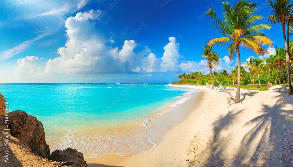 sunny tropical beach panorama turquoise caribbean sea with palm trees