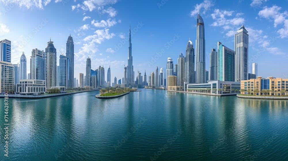 DUBAI, UAE. The panorama with the new Canal and skyscrapers of Downtown