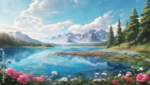 photo of lake landscape with clear blue water against forest and mountains background made by AI generative
