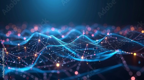 Futuristic Abstract Background Concept. Network Conveying Connectivity, Complexity And Data Flood Of Modern Digital Age.Communication And Technology Network Background With Moving Lines And Dots